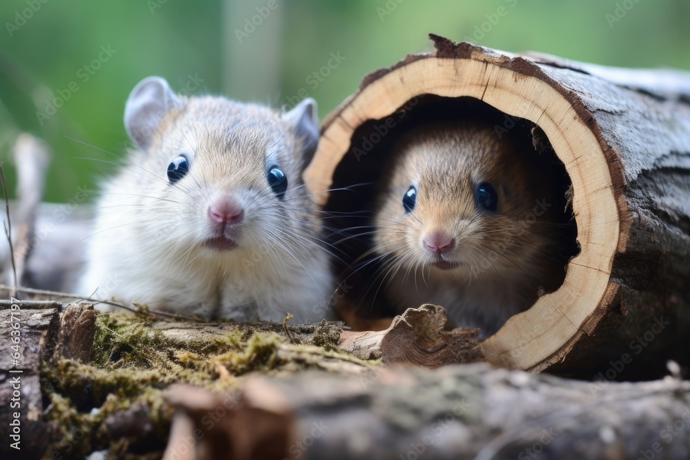 a hedgehog and a bunny both hiding inside a hollow log a hedgehog and a bunny both hiding inside a hollow log