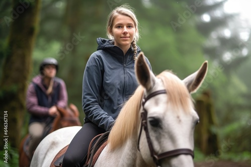 a young woman sitting on a horse with her riding instructor in the background