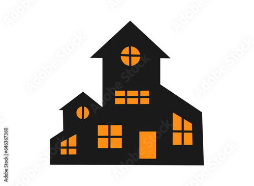 Hand drawn cute cartoon illustration little creepy house. Flat vector Halloween and Thanksgiving sticker. Haunted castle in doodle style. Spooky architecture icon. Isolated on white background.