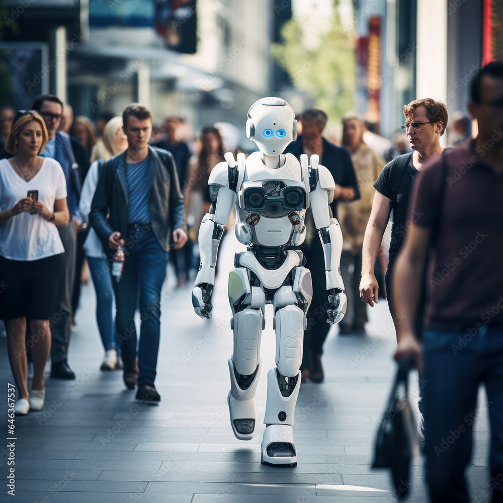 robot walking down a city street with people. robot walking down a city street with people.