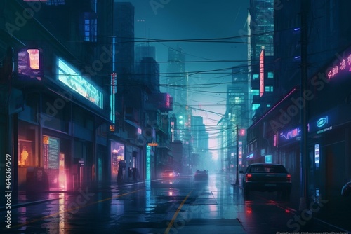 Futuristic cyberpunk city street at night. Generative AI