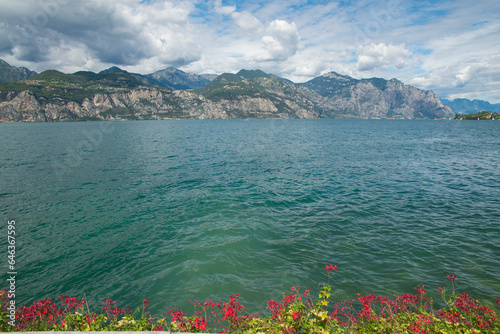 Beautiful view of Garda lake with flowers in the background