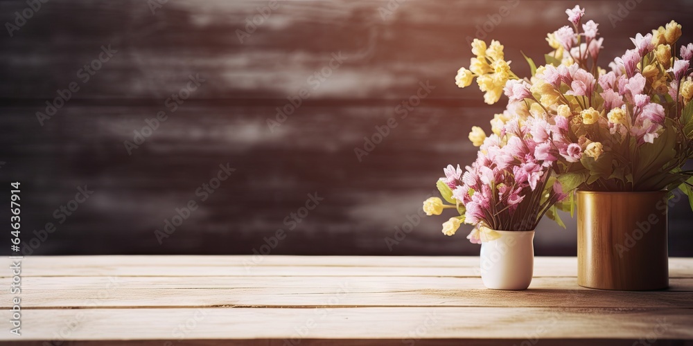 Flower vase on wooden table. Spring delight. Colorful daisy arrangement capturing beauty of season