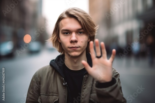 shot of a young man holding up his hand for peace