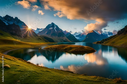 Fantastic evening panorama of Bachalp lake / Bachalpsee, Switzerland. Picturesque autumn sunset in Swiss alps, Grindelwald, Bernese Oberland, Europe. Beauty of nature concept