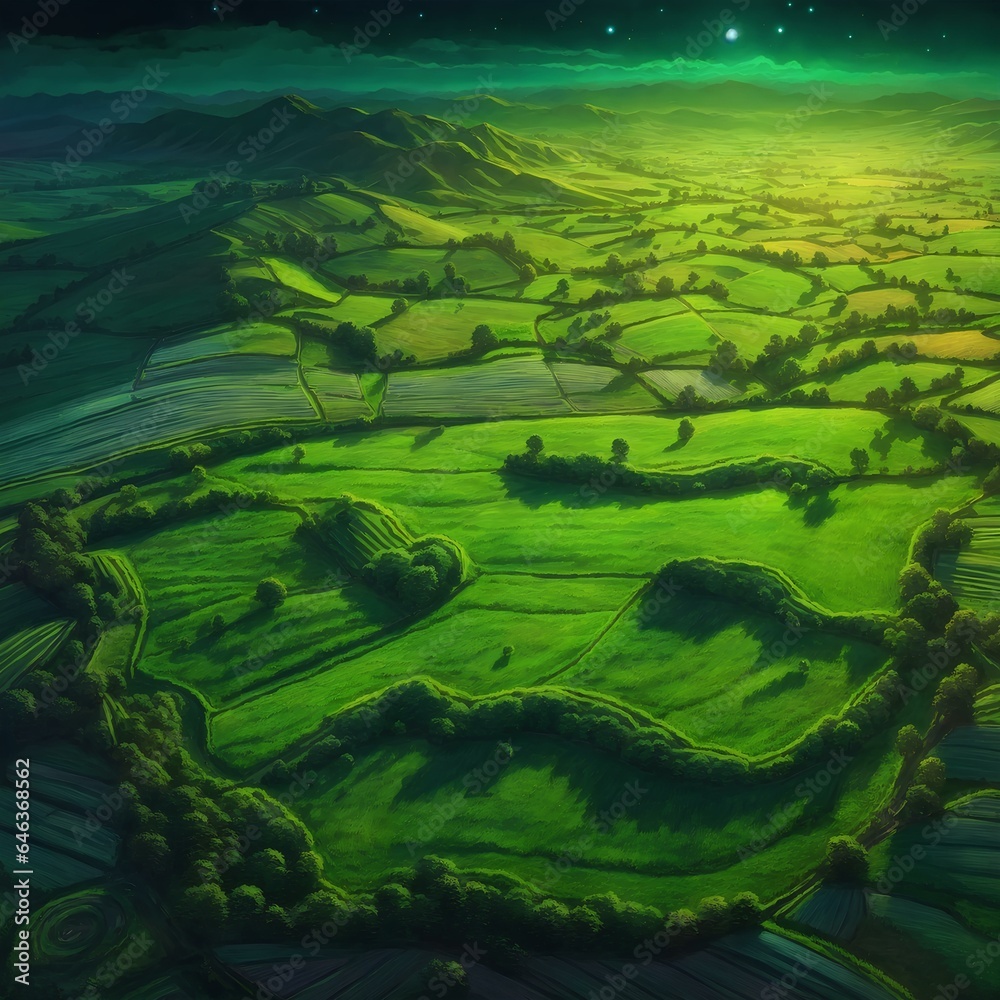 Fototapeta premium artistic painting of a high landscape of beautiful green plains and fields