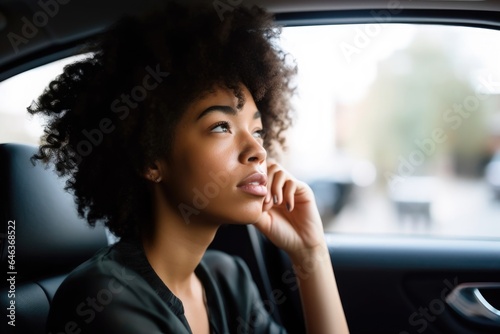 shot of a young woman looking thoughtful while sitting in a car © altitudevisual