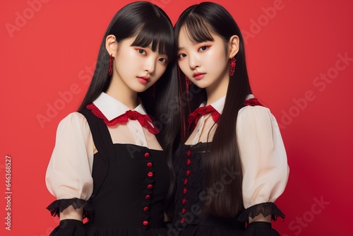 Portrait of two beautiful asian women in black dress on red background.Generative Ai