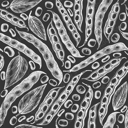 Hand drawn broad beans seamless pattern. Organic fresh food vector illustration on chalk board. Retro pods illustration. Engraved botanical style cereal background.