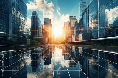 Reflection of city on buildings with solar panels. Generative AI