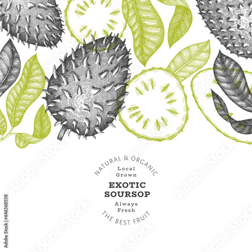 Hand drawn sketch style soursop fruit banner. Organic fresh fruit vector illustration. Retro guanabana design template