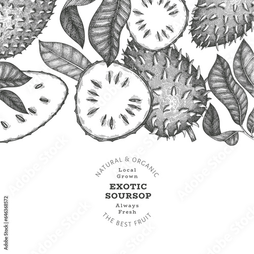 Hand drawn sketch style soursop fruit banner. Organic fresh fruit vector illustration. Retro guanabana design template