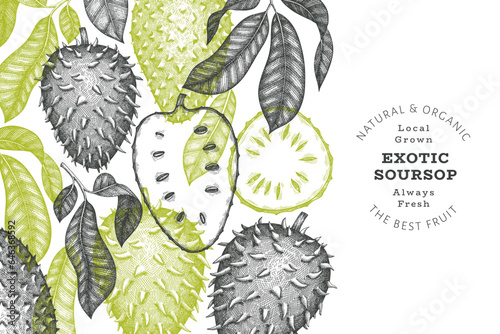 Hand drawn sketch style soursop fruit banner. Organic fresh fruit vector illustration. Retro guanabana design template