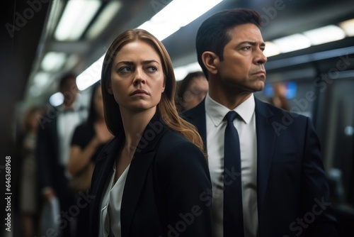 cropped shot of a businessman and businesswoman using the m train station © altitudevisual