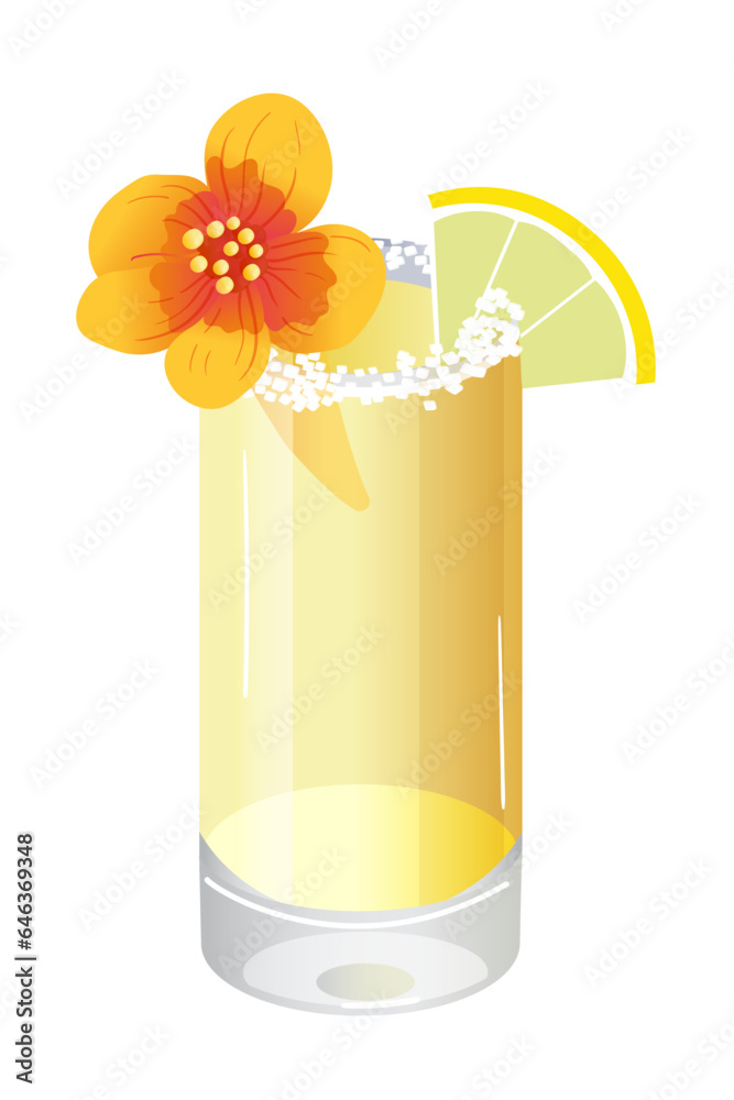 Alcoholic cocktail. Glass of tequila, cocktail, shot drink decorated with lemon slice and flower Alcoholic cocktail. Glass of tequila, cocktail, shot drink decorated with lemon slice and flower