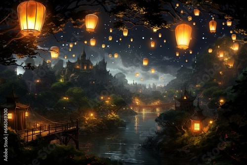 An enchanting scene of illuminated lanterns and shimmering lights mesmerize in the night sky. Generative AI © Meliora