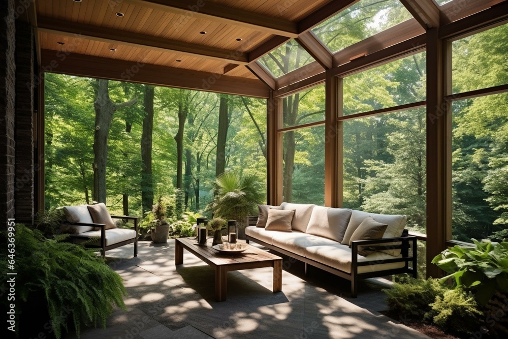 Contemporary porch blending with nature, featuring patio furniture and forest scenery. Innovative home extension idea. Generative AI