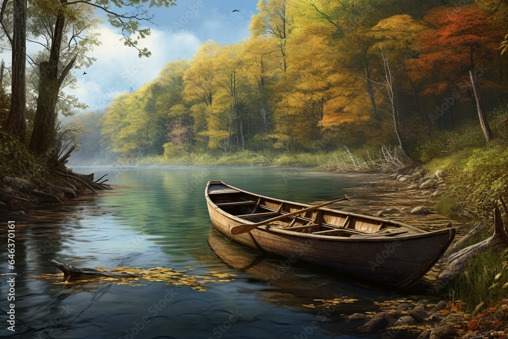 Nature river scene featuring an uninhabited boat built using advanced methods. Generative AI