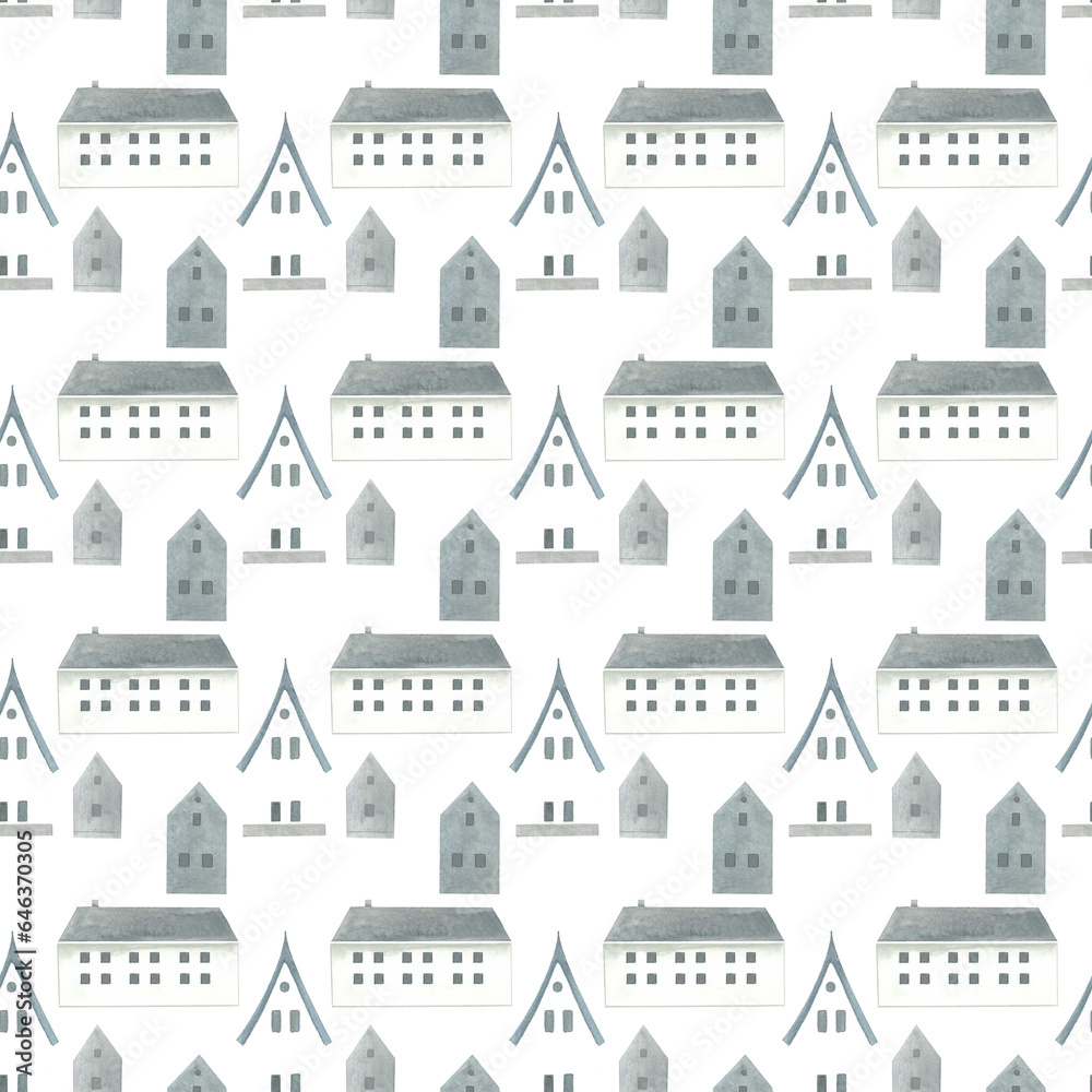 pattern with minimalistic houses painted in watercolor in Scandinavian style