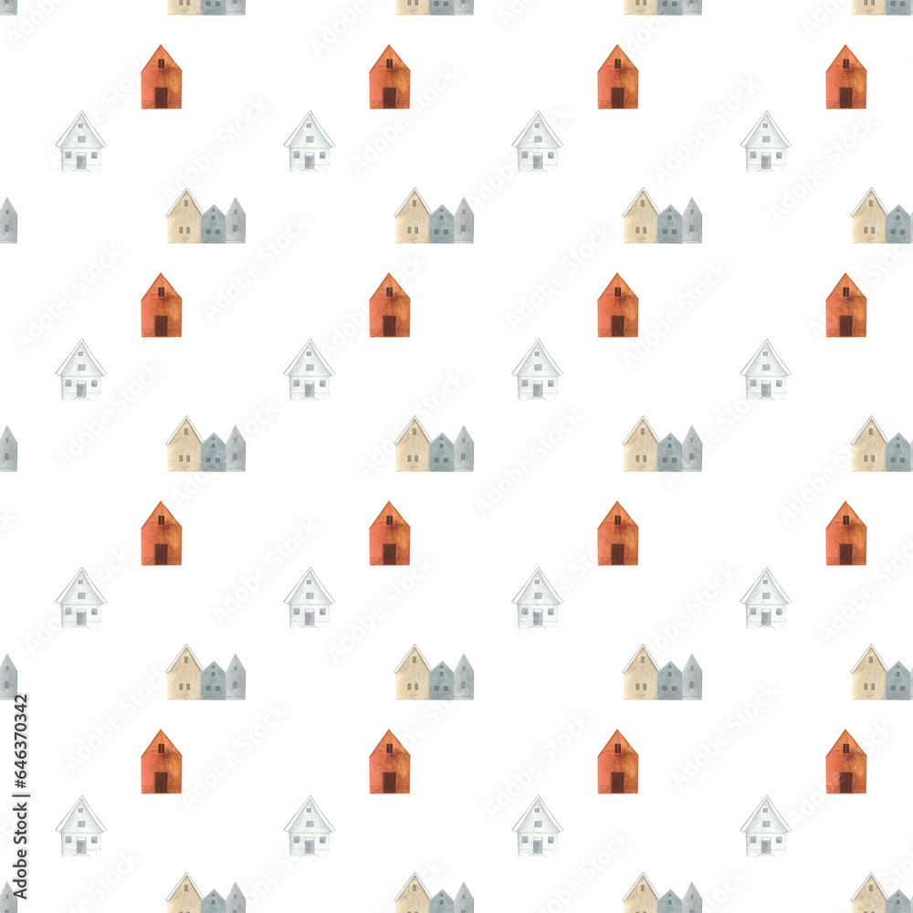 pattern with houses painted with watercolors by hand in a minimalistic scandinavian style