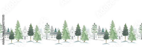 banner, ornamental stripe, background for a site with houses and trees, winter landscape, pine trees, Christmas tree, New Year's picture