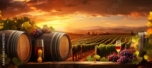 glass drink wine bottle sunset beverage barrel alcohol grape winery. Generative AI. © VICHIZH
