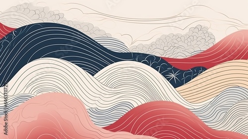 Mountain layout design in oriental style, Japanese background with line wave pattern vector. Abstract template with geometric pattern. 