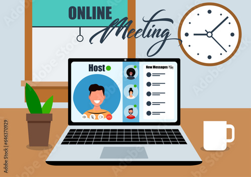 Flat illustration of work from home concept. People connecting online for meeting through video conferencing on laptop with written caligraphy text of 'Online Meeting', showing coffee mug and wall clo