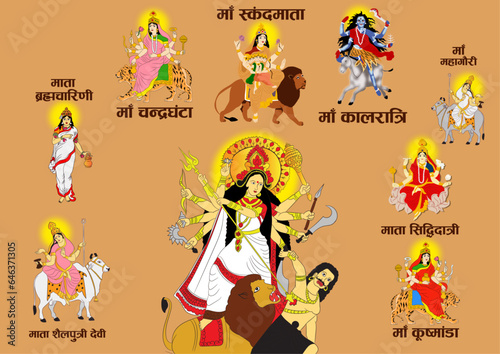 Vector illustration poster of Navratri with 9 swaroop of Mata such as Maa Shailputri, Maa Brahmacharini, Maa Chandraghanta, Maa Kushmanda, Maa Skandmata, Maa Katyayani, Maa Kalratri, Maa Mahagauri and