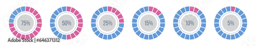 Set of circle percentage charts for infographics. 75 50 25 15 5 percent. Circles. Blue and pink colors. Vector icons set. Infographic design template. Vector color illustration.