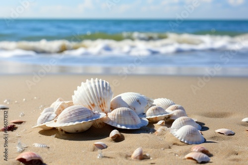Shells amidst sandy shore. Generative AI