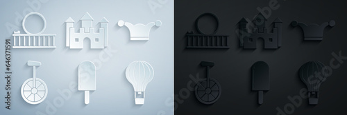 Set Ice cream, Jester hat with bells, Unicycle or one wheel bicycle, Hot air balloon, Castle and Roller coaster icon. Vector