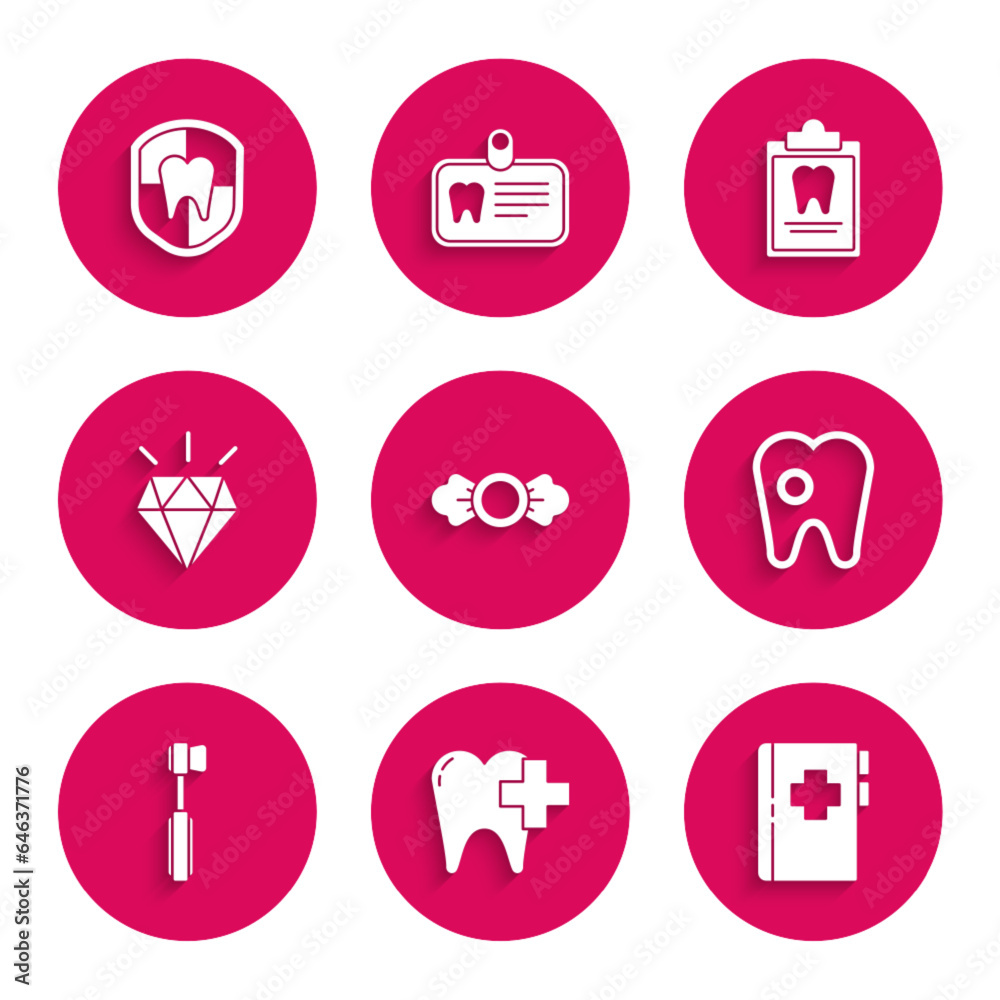 Set Candy, Dental clinic for dental care tooth, Clipboard with card, Tooth caries, Toothbrush, Diamond teeth, and protection icon. Vector Set Candy, Dental clinic for dental care tooth, Clipboard with card, Tooth caries, Toothbrush, Diamond teeth, and protection icon. Vector