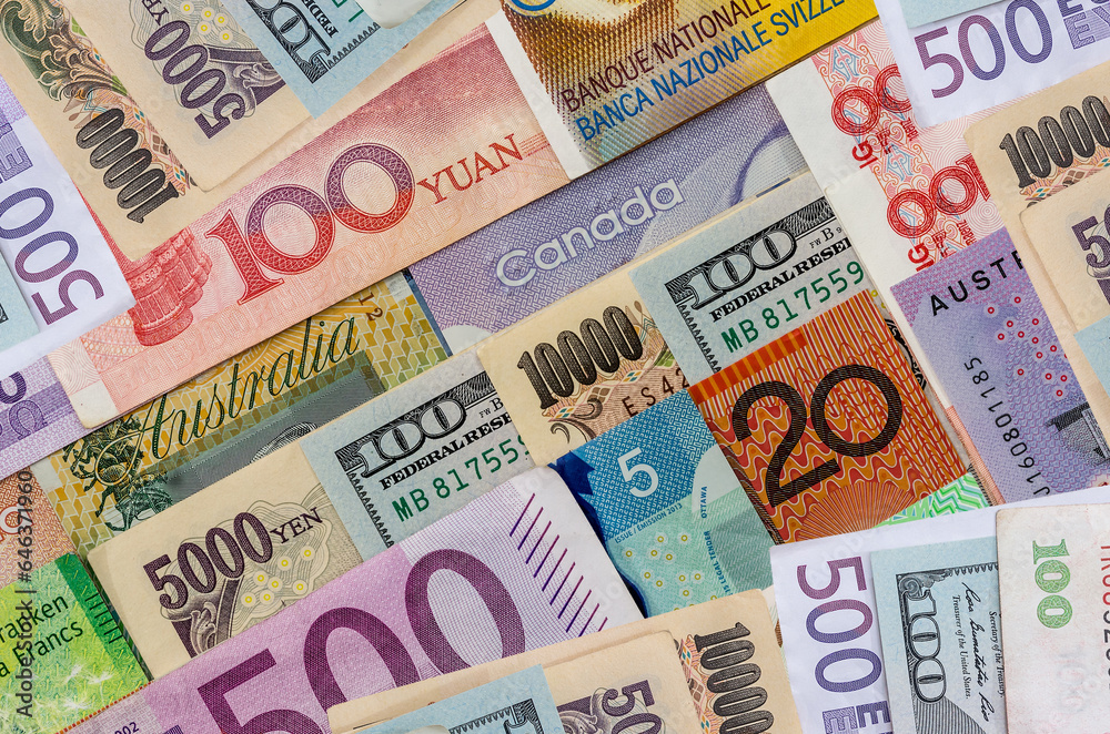 Obraz premium American Us Canadian Australian Dollar, Euro, Japanese Yen, and Chinese Yuan banknote