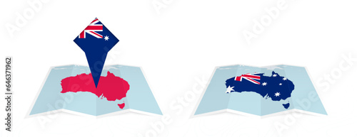 Two versions of an Australia folded map, one with a pinned country flag and one with a flag in the map contour. Template for both print and online design.