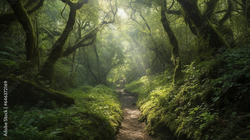 Fototapeta premium Enchanted Forest Pathway with Sunlight Filtering Through Canopy