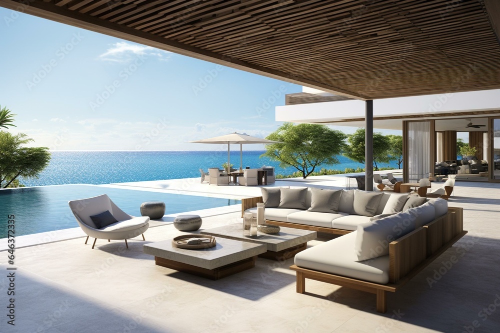 A modern outdoor living space with a pool, marble floor, elegant furniture, sunny ambiance, and breathtaking ocean vista. Generative AI
