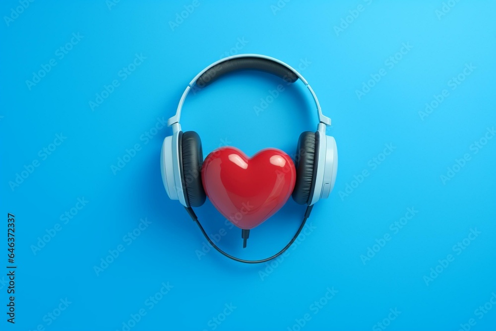 Headset with mic and heart model on blue background. Top view. Generative AI