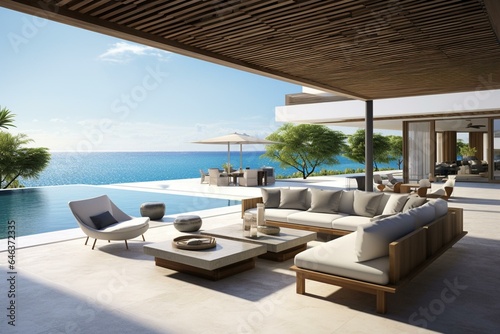 A modern outdoor living space with a pool, marble floor, elegant furniture, sunny ambiance, and breathtaking ocean vista. Generative AI © Galen
