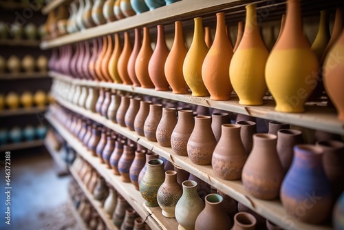 clay pottery pieces lined up for firing in a kiln