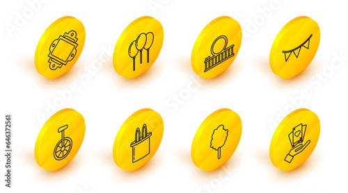 Set line Hand holding playing cards, Cotton candy, Magician hat rabbit ears, Unicycle or one wheel bicycle, Carnival garland with flags, Roller coaster, Balloons ribbon and Ticket icon. Vector