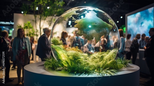 Craft an image of a glass globe integrated into a bustling energy trade show, with exhibitors showcasing the latest innovations in sustainable energy solutions photo