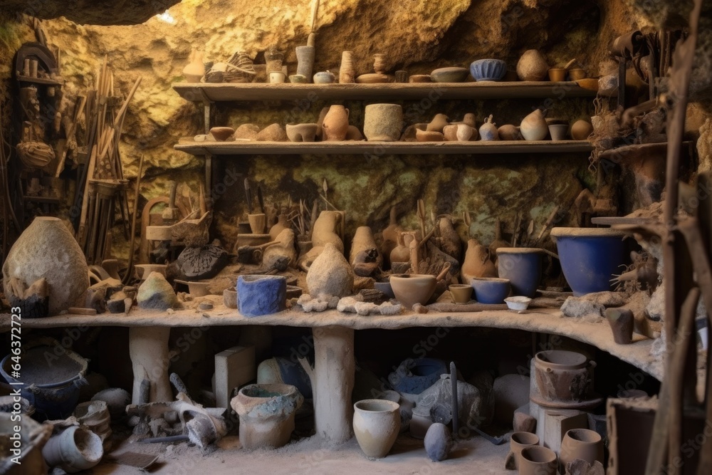 ceramic artists tools next to an open kiln