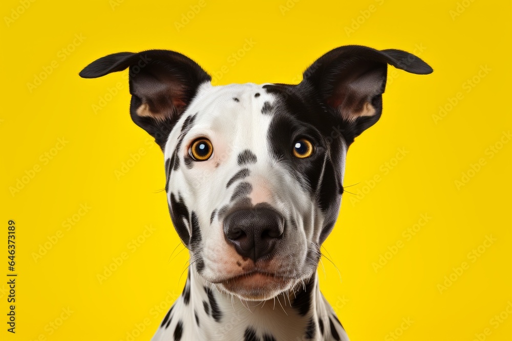 portrait studio shot cute animal pet funny smiling dog standing on color wall background