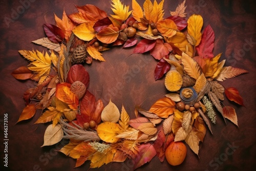 pile of colorful autumn leaves and wreath frame