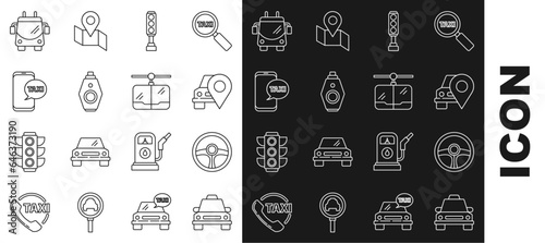 Set line Taxi car, Steering wheel, Map pointer with taxi, Traffic light, Car key remote, call telephone service, Trolleybus and Cable icon. Vector