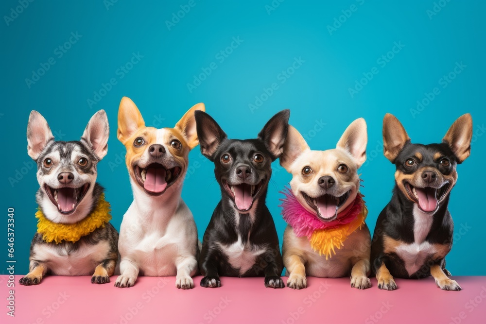 portrait studio shot cute animal pet funny smiling group of dog standing on color wall background