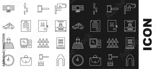 Set line Judge wig, Law book, Wanted poster, gavel, The arrest warrant, Police car and flasher, Stacks paper money cash and Lawsuit icon. Vector
