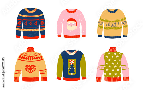 Set of warm winter ugly sweaters. Knitted pullowers. Cozy season. Christmas, New Year celebration. Retro vintage colors.