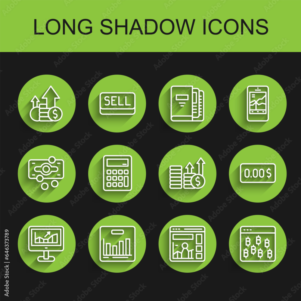 Set line Computer with growth graph, Pie chart infographic, Financial and coin, Website, Bitcoin browser, Calculator, Zero cost and dollar icon. Vector Set line Computer with growth graph, Pie chart infographic, Financial and coin, Website, Bitcoin browser, Calculator, Zero cost and dollar icon. Vector